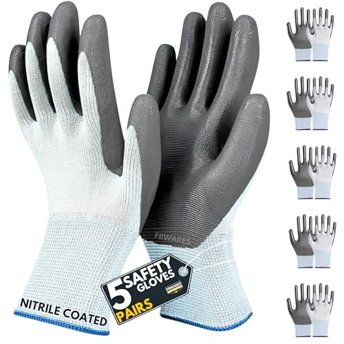 F8WARES Nitrile Coated Safety Gloves for Men Industrial & Outdoor - Working Gloves for Men - Rubber Coated Hand Gloves for General Purpose, Gardening & Mechanical Work (Pack of 5 Pairs, Large) - Image 1