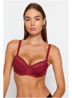 Claret Red Polyamide Lace Detailed Covered Bra THMAW24SU00017