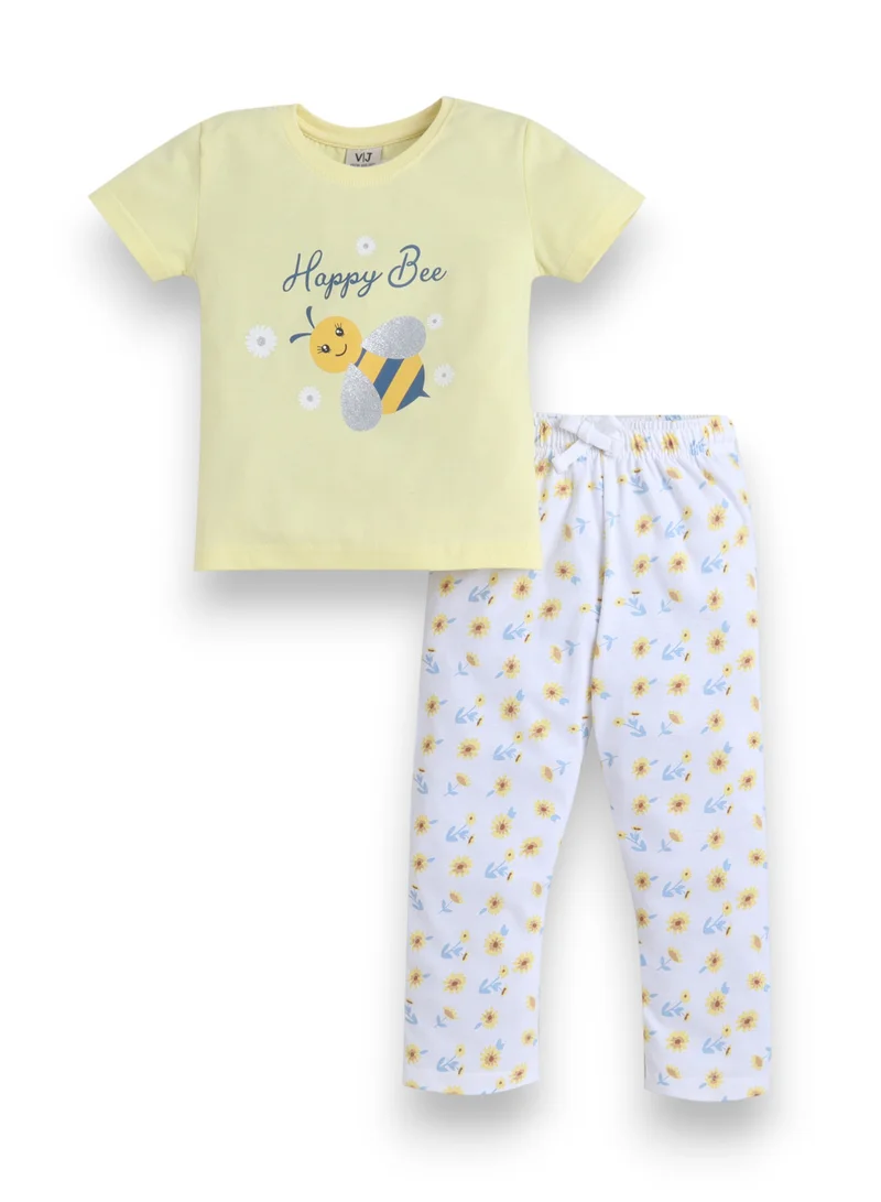 victor and jane Girls Bee Print Cotton Pajama Set – T-Shirt & Full Pants Nightwear
