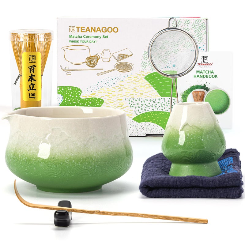 TEANAGOO 7 Pcs Matcha Whisk SetGreen Matcha Set Ceremony Matcha Powder KitMatcha Tea Set for Making LatteMatcha Whisk Set and Bowl with ScoopSifterFuji Design Ceramic BowlGift for Matcha Lovers