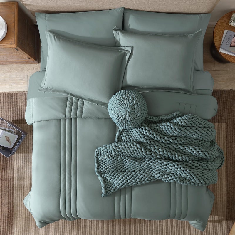 Monbix King Size Comforter Set - 7 Pieces Bed in a Bag King, Sage Green Bedding Sets with Comforter, All Seasons Comforter Bed Set with Sheets, Pillowcases & Shams - Image 3