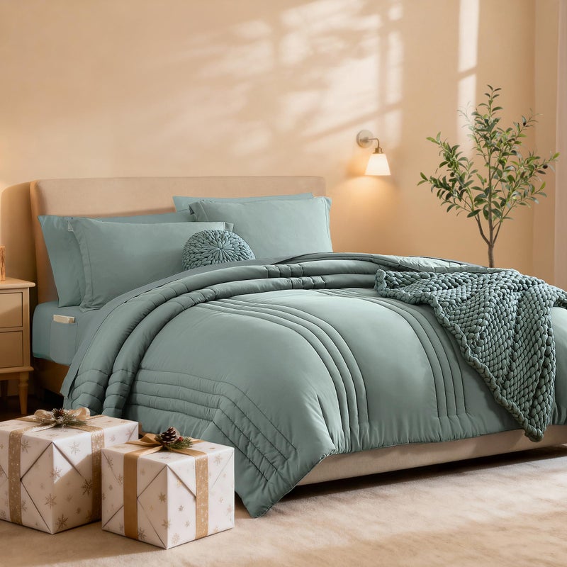 Monbix King Size Comforter Set - 7 Pieces Bed in a Bag King, Sage Green Bedding Sets with Comforter, All Seasons Comforter Bed Set with Sheets, Pillowcases & Shams - Image 2
