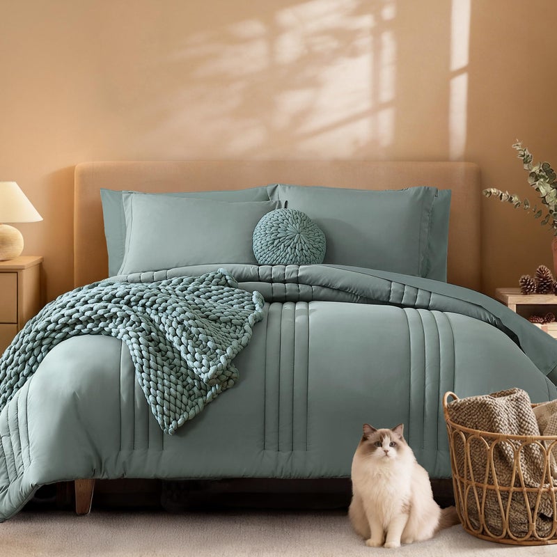 Monbix King Size Comforter Set - 7 Pieces Bed in a Bag King, Sage Green Bedding Sets with Comforter, All Seasons Comforter Bed Set with Sheets, Pillowcases & Shams - Image 1
