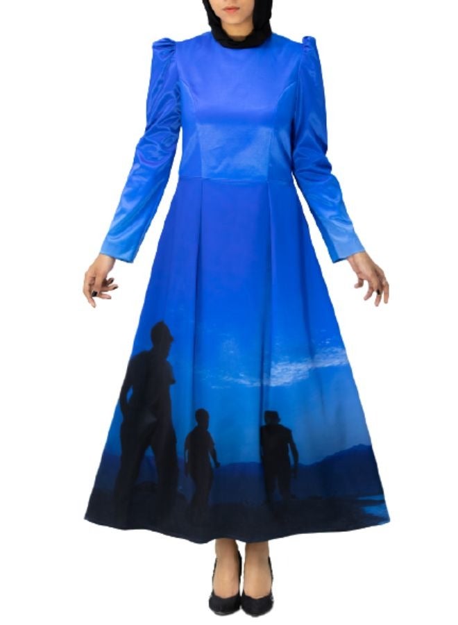 UniqueGraphy Blue Princess Cut Printed Satin Dress - High waist -Puff Shoulders Printed Dress – UniqueGraphy Statement Look for Elegant Occasions - Image 1