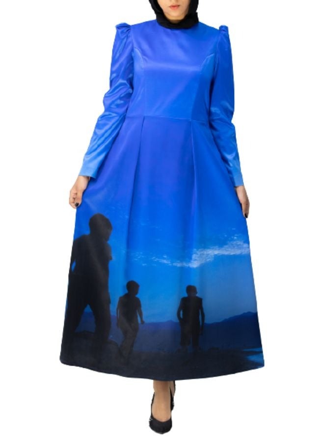 UniqueGraphy Blue Princess Cut Printed Satin Dress - High waist -Puff Shoulders Printed Dress – UniqueGraphy Statement Look for Elegant Occasions - Image 4