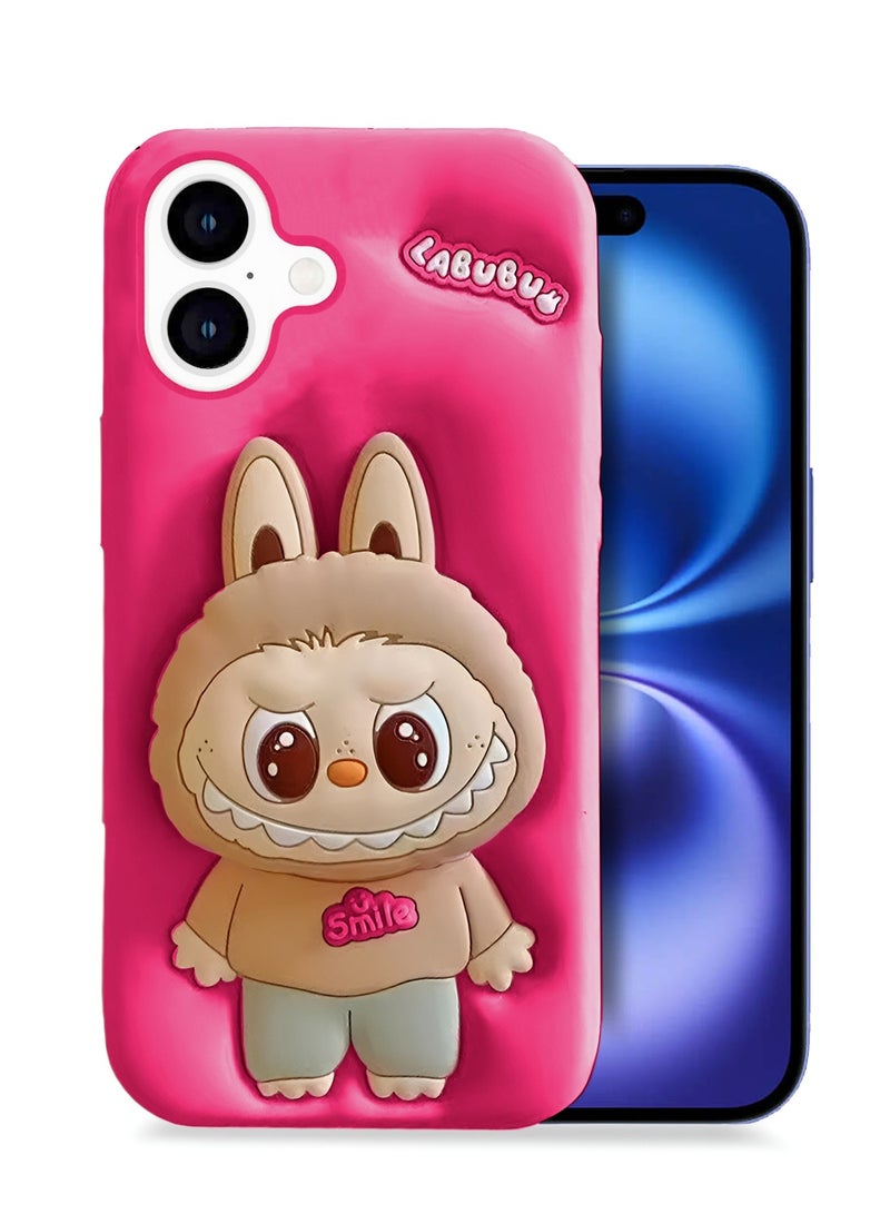 Wtech Apple iPhone 16 Plus 5G 2024 3D Labubu Cartoon Pop Case, Premium Soft Liquid Jelly Silicone Case with Phone Holder Cool Full Protective Cute Aesthetic Case Cover - Rose - Image 1
