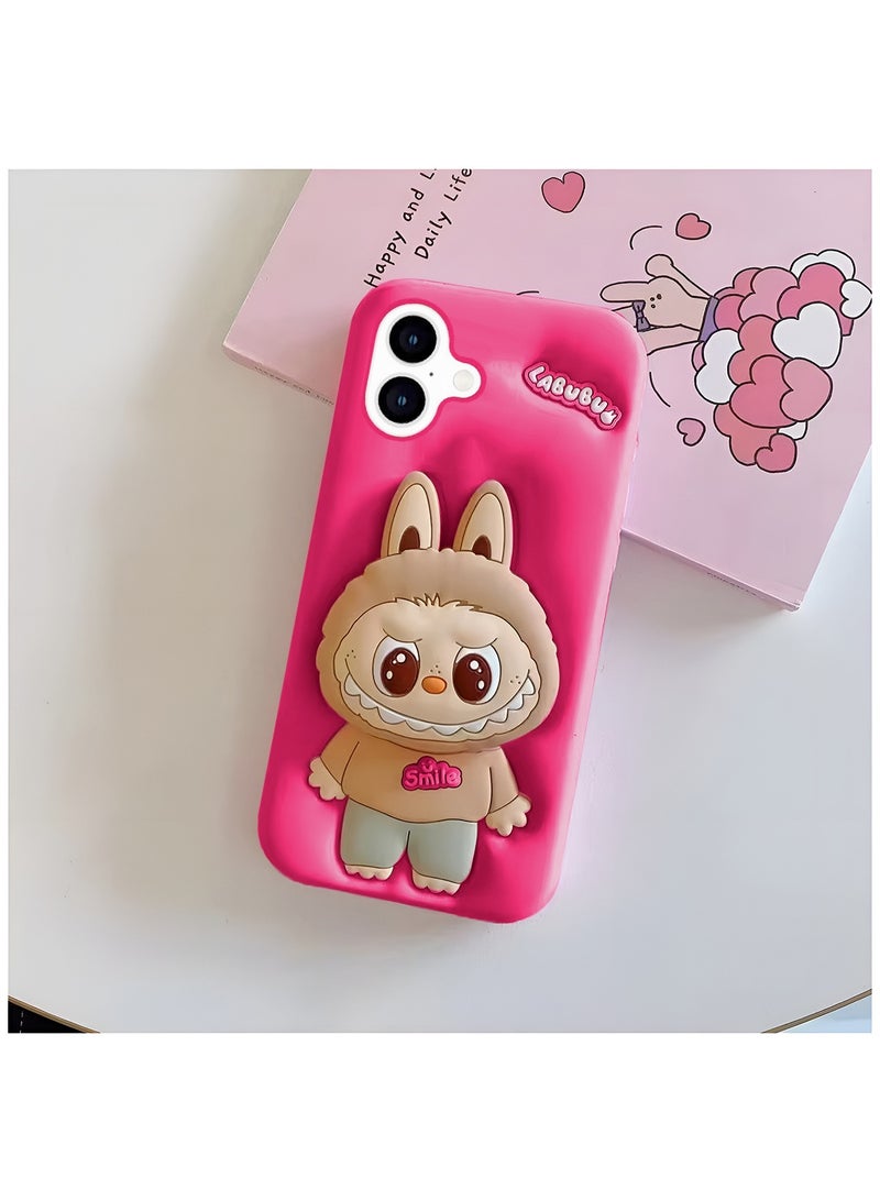 Wtech Apple iPhone 16 Plus 5G 2024 3D Labubu Cartoon Pop Case, Premium Soft Liquid Jelly Silicone Case with Phone Holder Cool Full Protective Cute Aesthetic Case Cover - Rose - Image 2