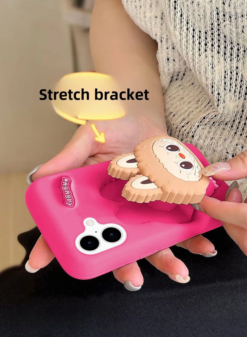 Wtech Apple iPhone 16 Plus 5G 2024 3D Labubu Cartoon Pop Case, Premium Soft Liquid Jelly Silicone Case with Phone Holder Cool Full Protective Cute Aesthetic Case Cover - Rose - Image 3