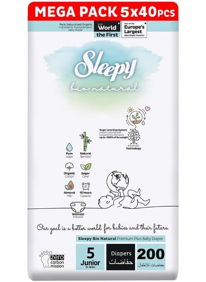 Sleepy Pack Of 200 Bio Natural Premium Size 5 Baby Dry Taped Diapers, 11-18 Kg, Hypoallergenic, Water Based, Almond Milk, Vegan, 100% Leakproof, 5 X 40 Pieces  - Image 1