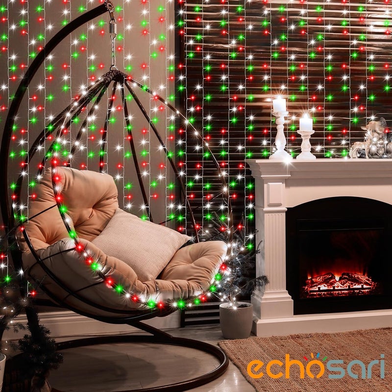 echosari Red White and Green Christmas Curtain Lights Battery Operated, 300 LED Fairy Curtain Lights 9.8Ft x 9.8Ft Hanging Lights with Remote Timer for Party Holiday Garden Yard Decor - Image 5