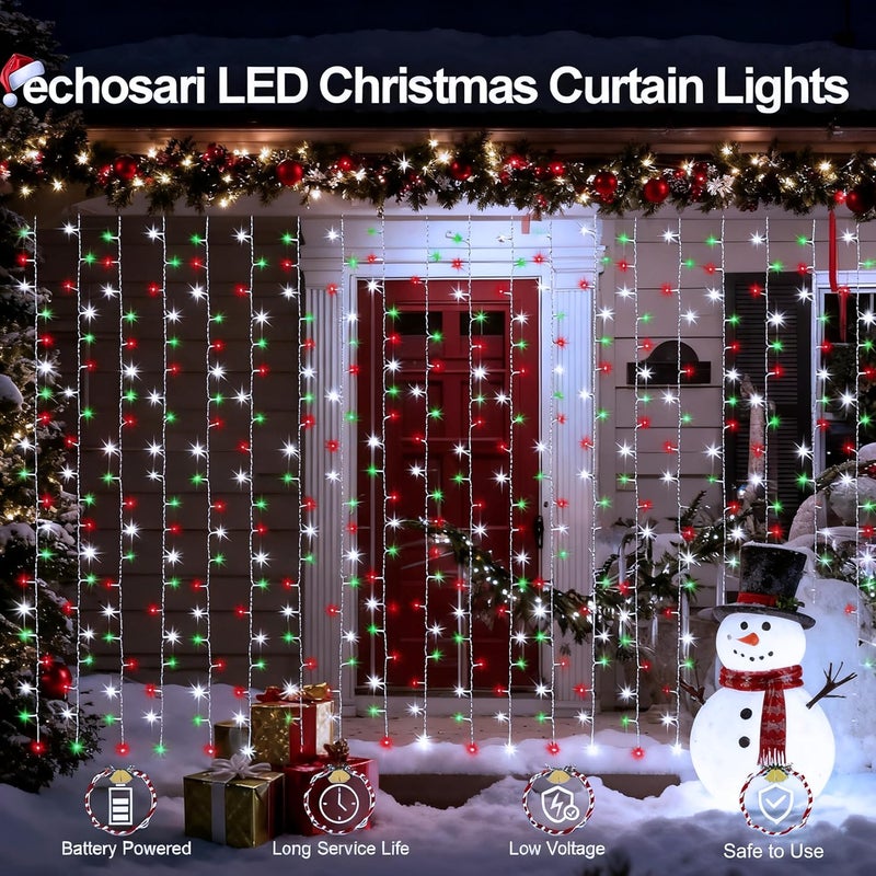 echosari Red White and Green Christmas Curtain Lights Battery Operated, 300 LED Fairy Curtain Lights 9.8Ft x 9.8Ft Hanging Lights with Remote Timer for Party Holiday Garden Yard Decor - Image 2