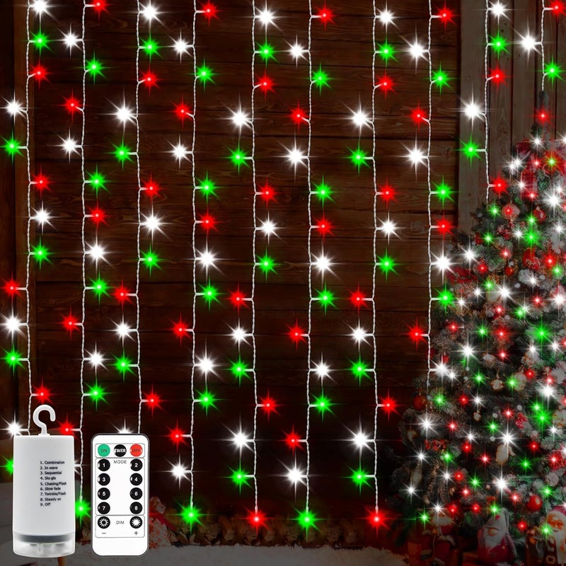echosari Red White and Green Christmas Curtain Lights Battery Operated, 300 LED Fairy Curtain Lights 9.8Ft x 9.8Ft Hanging Lights with Remote Timer for Party Holiday Garden Yard Decor - Image 1