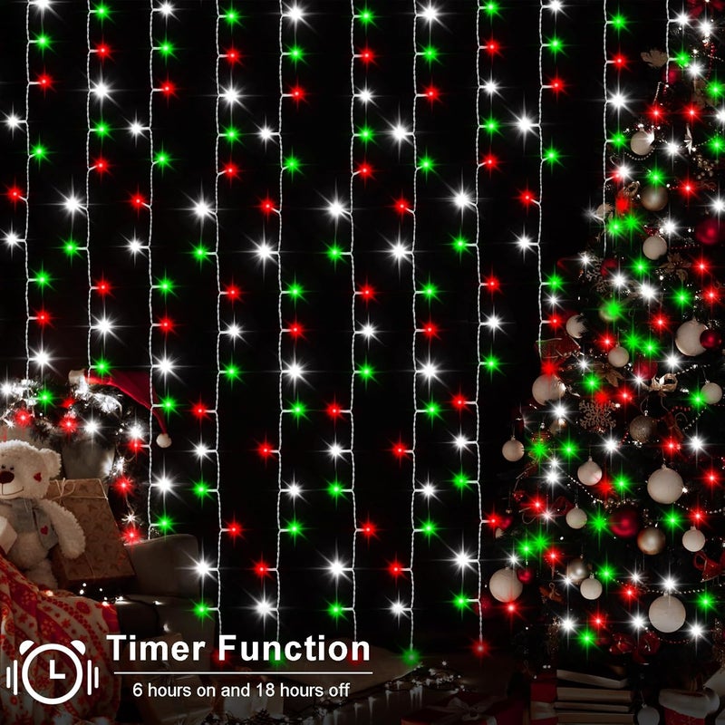echosari Red White and Green Christmas Curtain Lights Battery Operated, 300 LED Fairy Curtain Lights 9.8Ft x 9.8Ft Hanging Lights with Remote Timer for Party Holiday Garden Yard Decor - Image 4