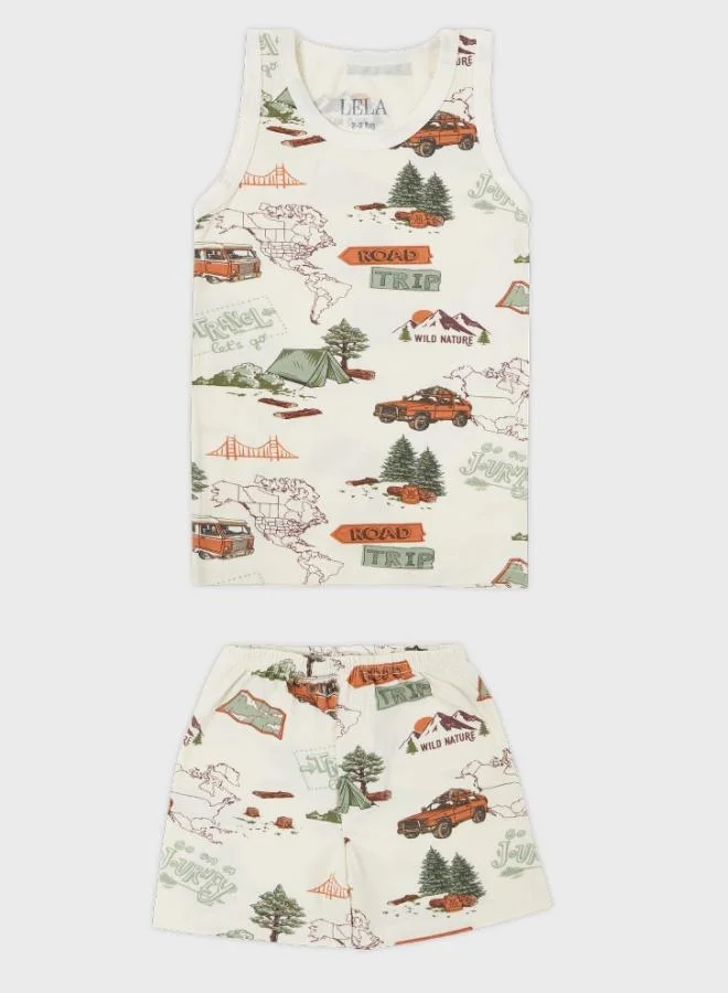 Lela Lela Patterned Stretch Cotton Crew Neck Undershirt Boxer 2-Piece Underwear Set Boy's SET 6651010