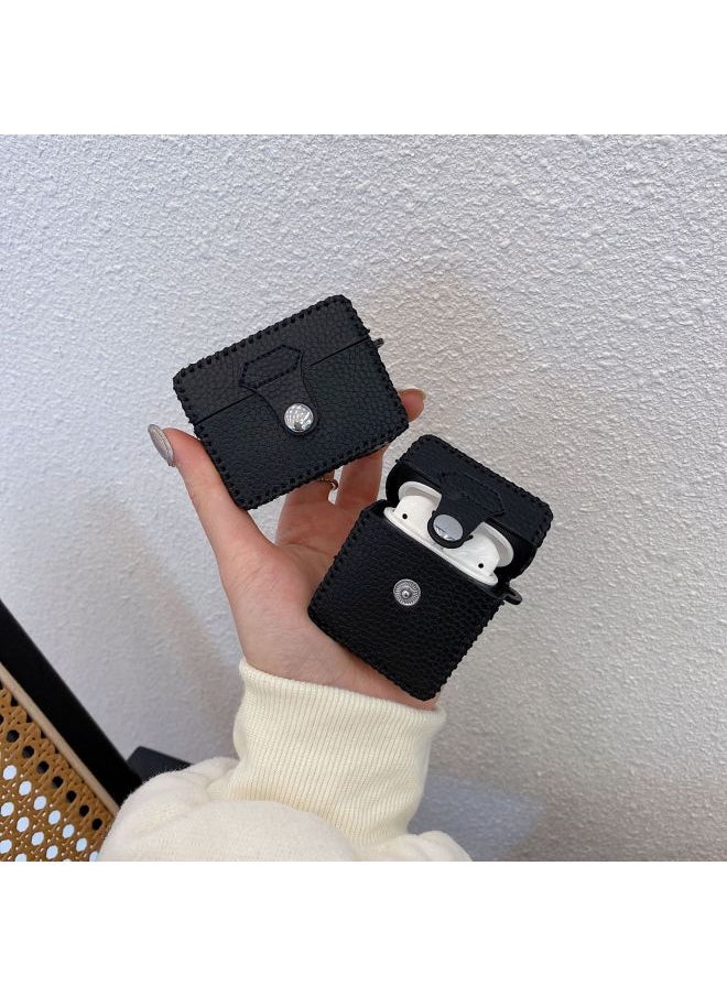 Generic - Suitable For AirPods 4 Headphone Case Cartoon All-inclusive Leather Case For Apple1/2 Generation Pro2 Bluetooth Protective Case One-piece Case-Color:One-piece Leather Case-solid Color Black-Model:Airpods 3 Generation (protective Cover) - Image 1