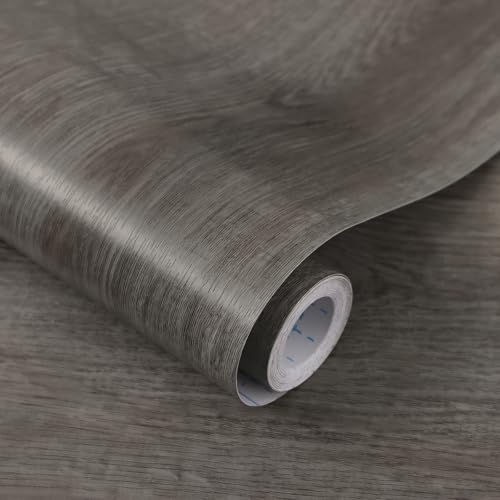 Ismoon 17.7"x472" Wood Wallpaper Grey Wood Peel and Stick Wallpaper Gray Wood Wallpaper Wood Contact Paper Self Adhesive Wallpaper Wood Grain Faux Furniture Film Roll for Desk Table Wall Cabinet Shelf Draw - Image 1
