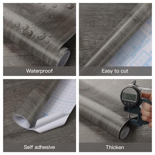 Ismoon 17.7"x472" Wood Wallpaper Grey Wood Peel and Stick Wallpaper Gray Wood Wallpaper Wood Contact Paper Self Adhesive Wallpaper Wood Grain Faux Furniture Film Roll for Desk Table Wall Cabinet Shelf Draw - Image 4
