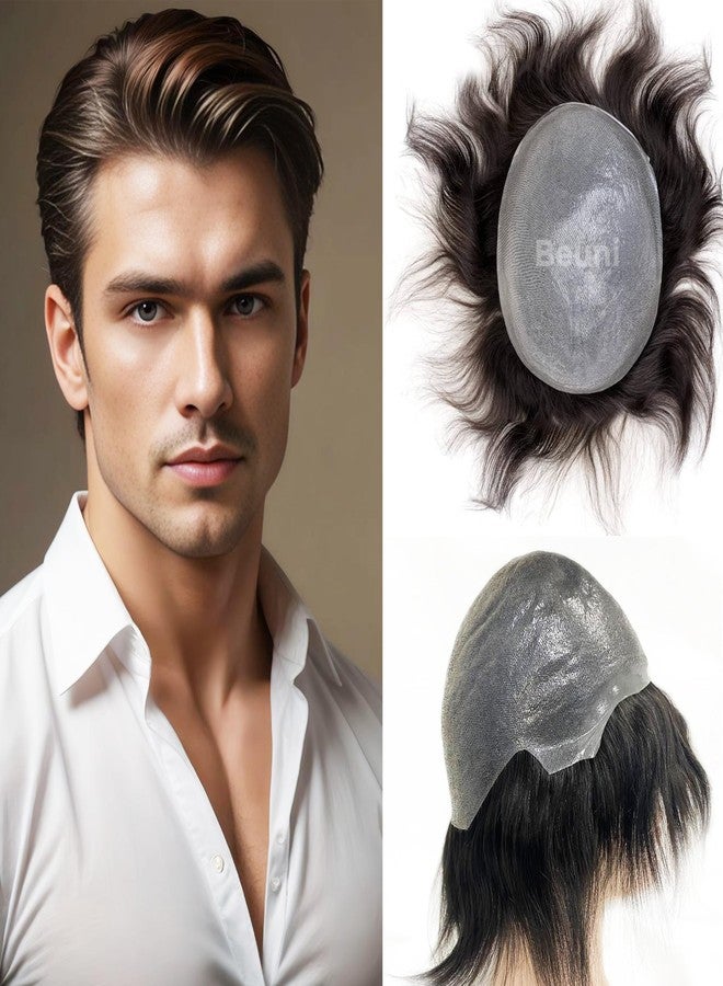 Beuni Skin Base Hair Toupee For Men With 100 Percent European Hair 0.03mm PU Thin Skin V Loop Hair Replacement System Natural Look Black 9x6 Inch - Image 1