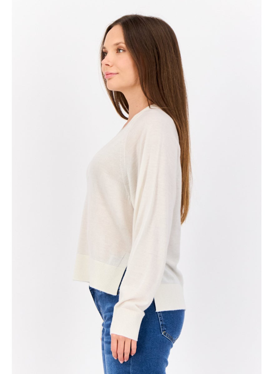 ESPRIT Women V-Neck Long Sleeves Plain Sweater, Beige  - Image 2