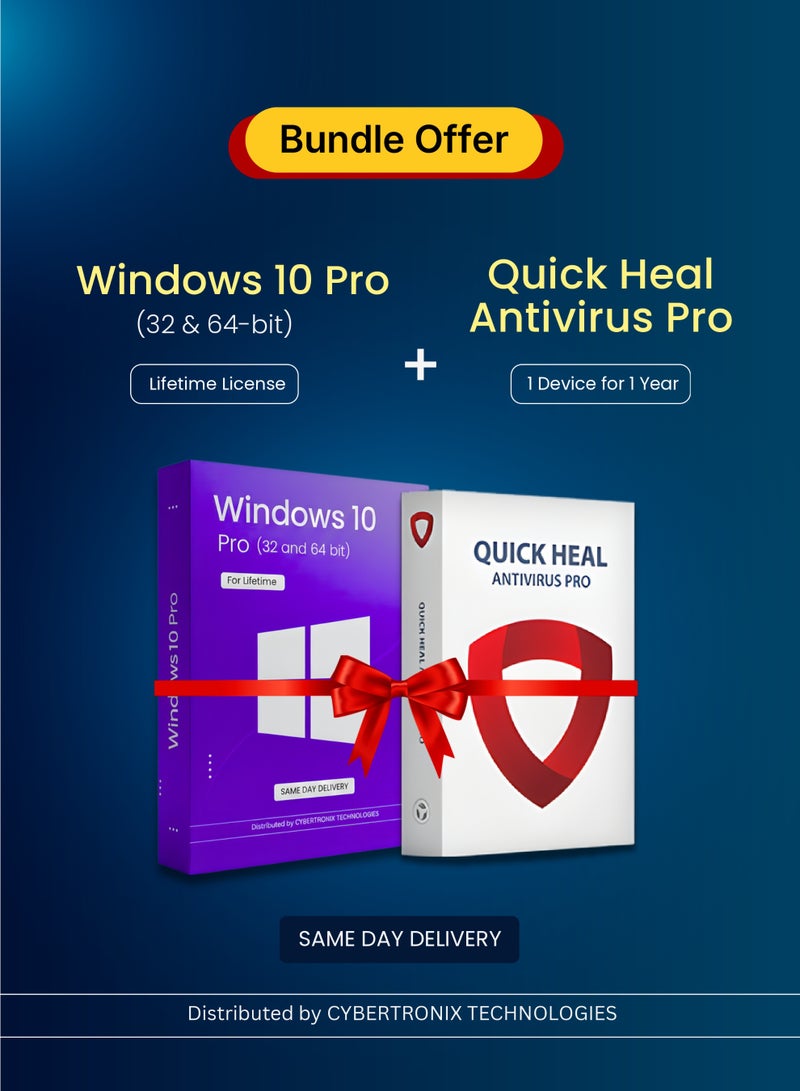 Windows 10 Pro (32 and 64 bit) for Lifetime | Quick Heal Antivirus Pro (1 Device, 1 Year) | Digital License | Same Day Delivery | Bundle Pack