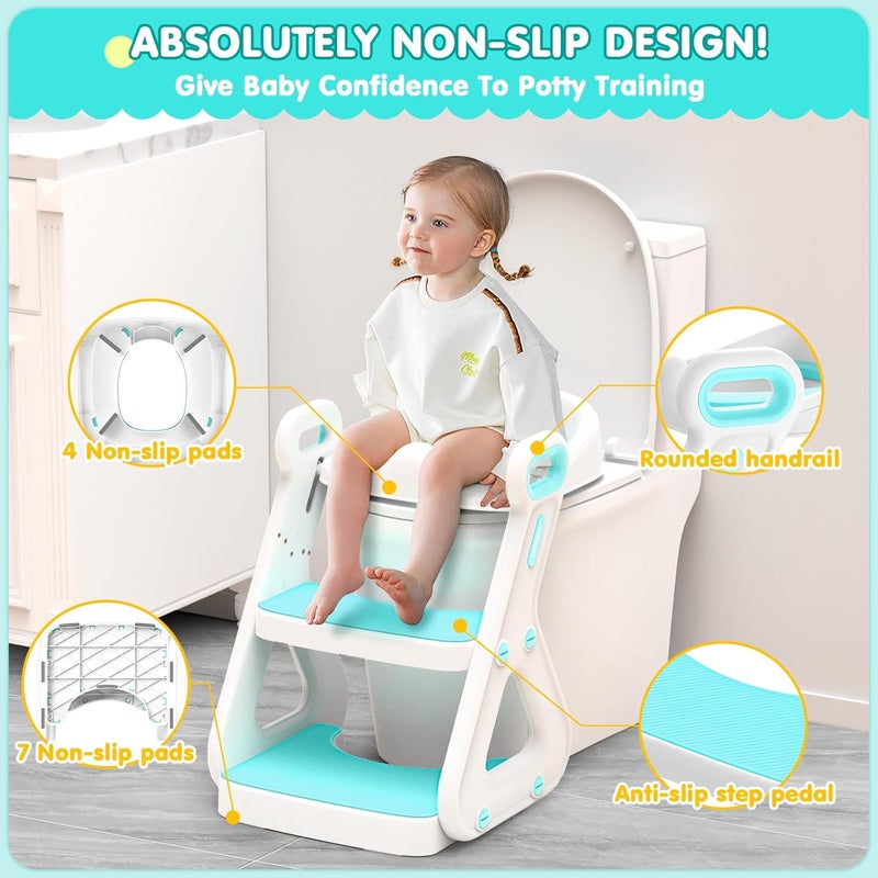 Gimars Upgrade UltraStable 2 In 1 Multifunctional Toddler Potty Seat For Toilet with Setp Stool Potty Traning Toilet For Boys Girls With Widened LadderComfortable Safe Potty Seat With HandrailAqua - Image 5