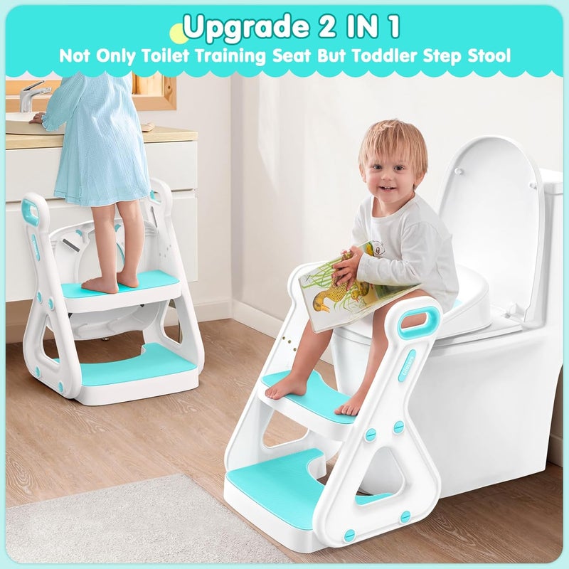 Gimars Upgrade UltraStable 2 In 1 Multifunctional Toddler Potty Seat For Toilet with Setp Stool Potty Traning Toilet For Boys Girls With Widened LadderComfortable Safe Potty Seat With HandrailAqua - Image 2