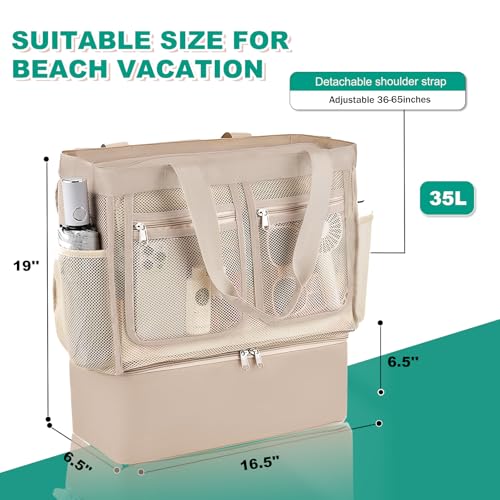 Busiuw Beach Bags for Women Large Beach Tote Bags with Zipper Sandproof Leakproof Insulation Cooler Bag for Swim Pool Cruise VacationChampagne - Image 3
