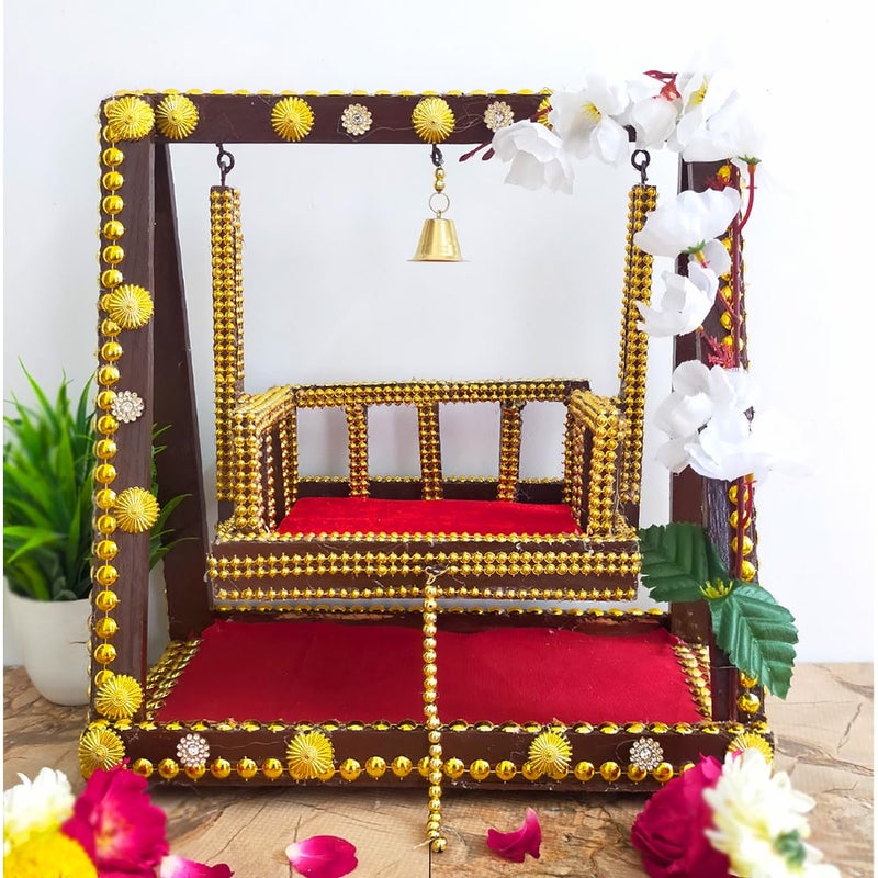 Ecommall Laddu Gopal Jhula Wooden Temple PalanaSwing for Khanaji Idol Jhoola Decorative Showpiece God Ladoo Gopal Size 0 to 5 Jhula 95x5x10 Inch Singhasan 65X4 Inch - Image 1