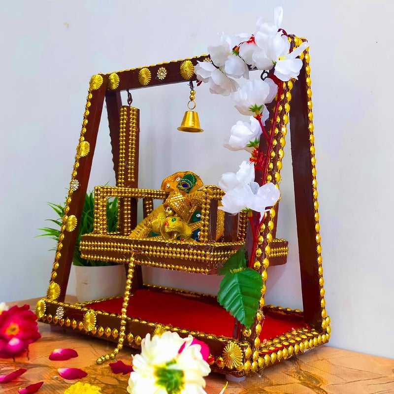 Ecommall Laddu Gopal Jhula Wooden Temple PalanaSwing for Khanaji Idol Jhoola Decorative Showpiece God Ladoo Gopal Size 0 to 5 Jhula 95x5x10 Inch Singhasan 65X4 Inch - Image 5