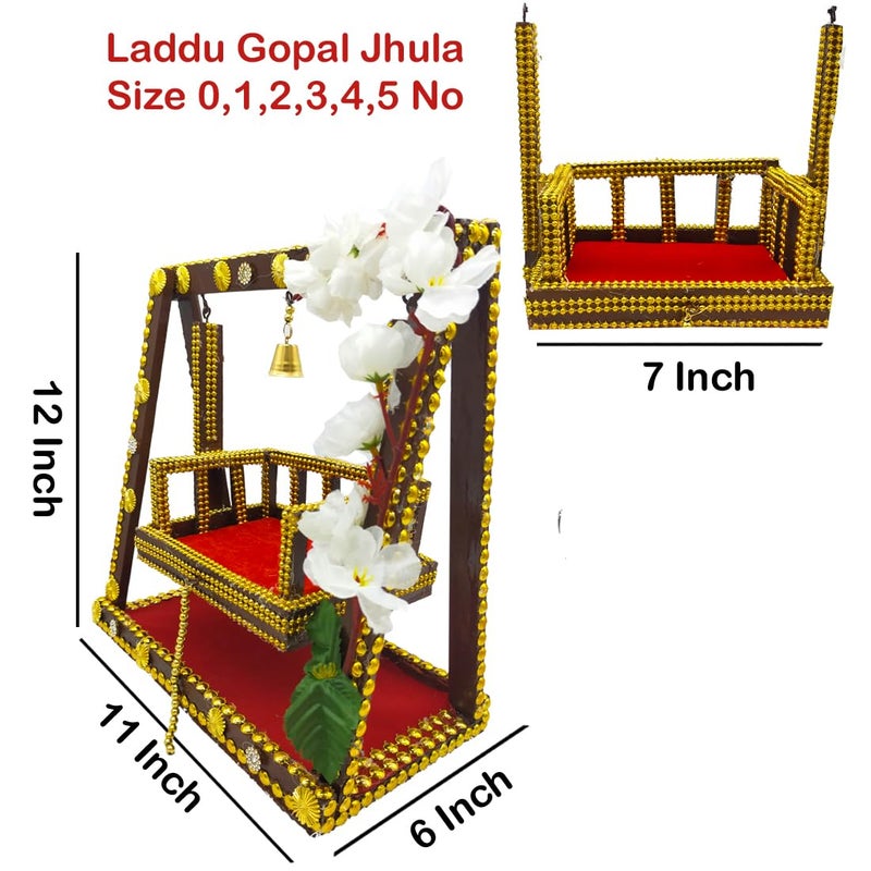 Ecommall Laddu Gopal Jhula Wooden Temple PalanaSwing for Khanaji Idol Jhoola Decorative Showpiece God Ladoo Gopal Size 0 to 5 Jhula 95x5x10 Inch Singhasan 65X4 Inch - Image 2