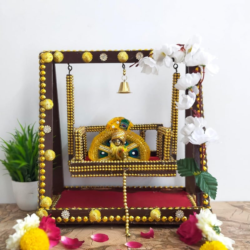Ecommall Laddu Gopal Jhula Wooden Temple PalanaSwing for Khanaji Idol Jhoola Decorative Showpiece God Ladoo Gopal Size 0 to 5 Jhula 95x5x10 Inch Singhasan 65X4 Inch - Image 4