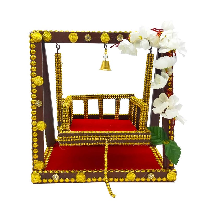 Ecommall Laddu Gopal Jhula Wooden Temple PalanaSwing for Khanaji Idol Jhoola Decorative Showpiece God Ladoo Gopal Size 0 to 5 Jhula 95x5x10 Inch Singhasan 65X4 Inch - Image 3