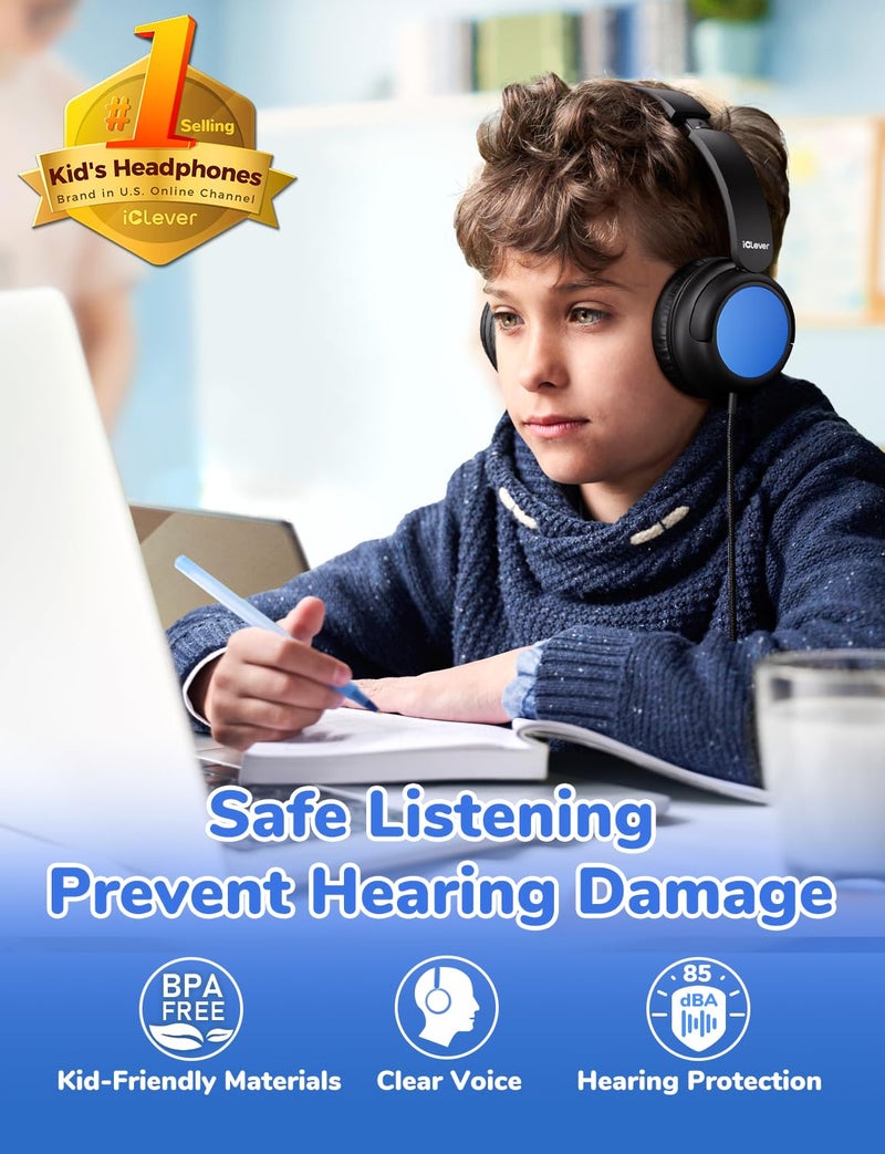 iClever Kids Headphones Bulk 5 Pack for Students K-12 & Teachers, Durable PP Material, 85dBA Safe Volume, Multiple Folding Options, Kids Wired Headphones for School/Classroom/Home/Travel - Image 2