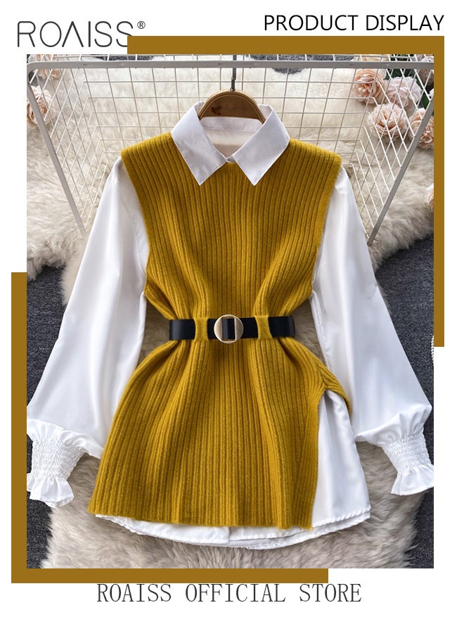 2 Piece Waist Design Knitted Vest and Long Sleeved White Shirt Top with Belt Lapel Shirt Design Comfortable and Skin Friendly Fabric Solid Color Women Casual Top Suit for Daily Commuting Wear - pzsku/Z5F47BD50D5392118110BZ/45/_/1705052904/7feb20f1-ad9f-41b3-9d5b-232ea5cf7ae5