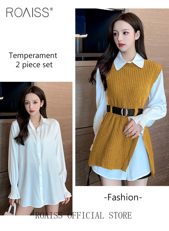 2 Piece Waist Design Knitted Vest and Long Sleeved White Shirt Top with Belt Lapel Shirt Design Comfortable and Skin Friendly Fabric Solid Color Women Casual Top Suit for Daily Commuting Wear - pzsku/Z5F47BD50D5392118110BZ/45/_/1723877426/c7c8c756-2ea4-47ab-b1b7-f1df3aea0fe9