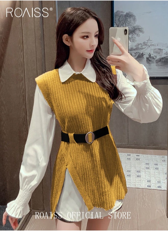 2 Piece Waist Design Knitted Vest and Long Sleeved White Shirt Top with Belt Lapel Shirt Design Comfortable and Skin Friendly Fabric Solid Color Women Casual Top Suit for Daily Commuting Wear - pzsku/Z5F47BD50D5392118110BZ/45/_/1723877448/1a7f17af-1deb-47e6-bd7b-65dc8fbdc0a6