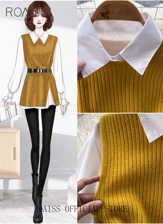 2 Piece Waist Design Knitted Vest and Long Sleeved White Shirt Top with Belt Lapel Shirt Design Comfortable and Skin Friendly Fabric Solid Color Women Casual Top Suit for Daily Commuting Wear - pzsku/Z5F47BD50D5392118110BZ/45/_/1723877448/98dca756-36e5-440f-8ff1-cbea9dd4b766