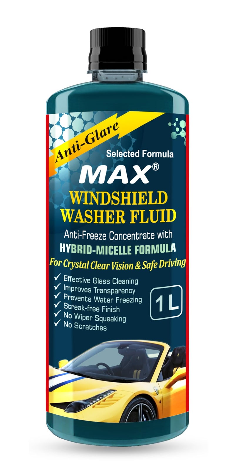 MAX Windshield Washer Fluid Concentrate (1 Ltr) - Anti-Freeze Formula | Car Windshield Cleaner, Streak-Free Wiper Fluid | Lubricates Wipers, Removes Bugs, Grime & Water Spots for Crystal Clear Vision - Image 1