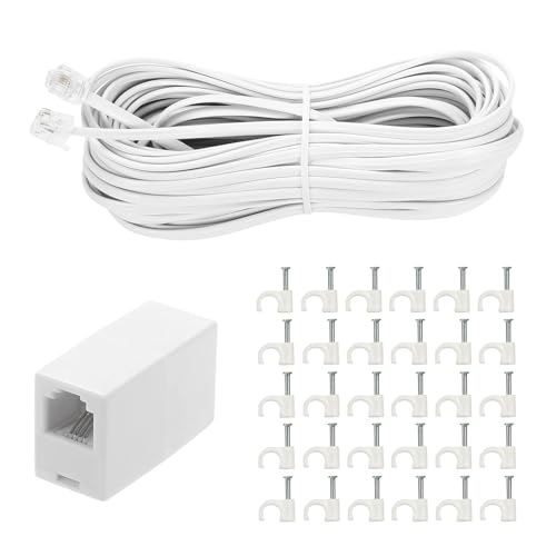Vthahaby 100 Feet Long Telephone Extension Cord Phone Cable Line Wire, with Standard RJ11 Plug and 1 in-Line Couplers and 30 Cable Clips - White - Image 1
