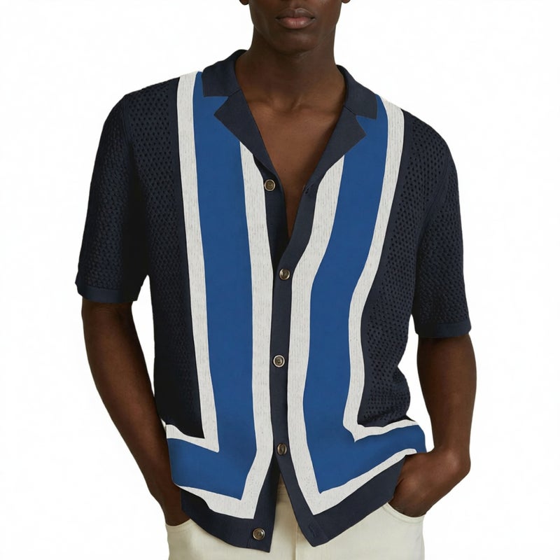 Men's Striped Knit Short Sleeve Cardigan Polo Shirt with Cuban Collar