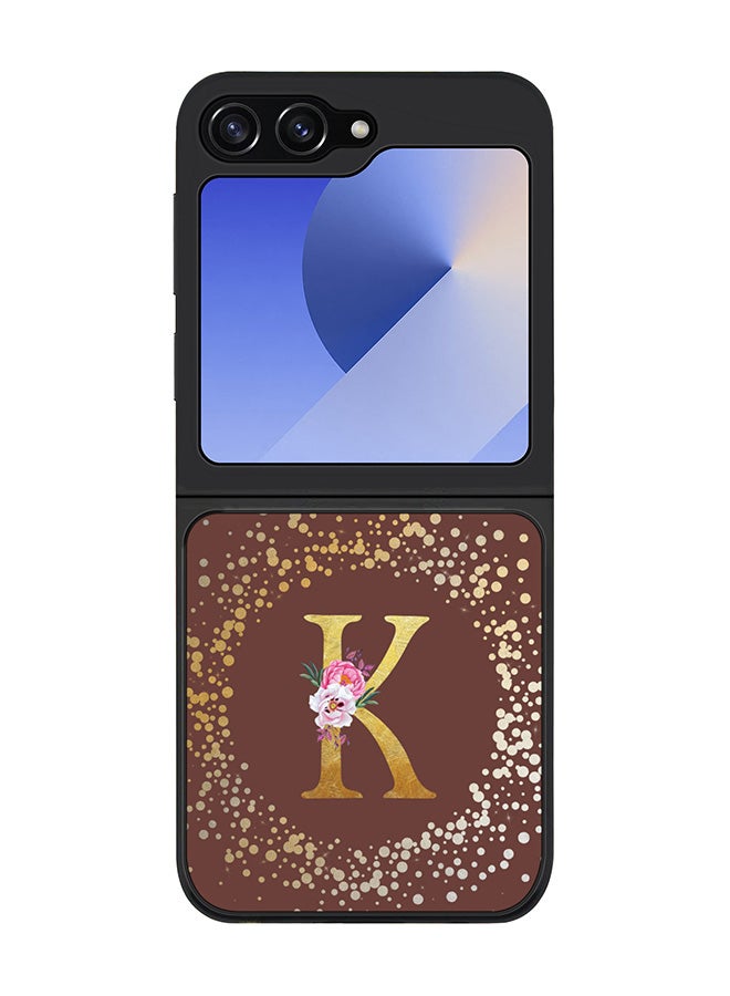 Stylizedd Rugged Black edge case for Samsung Galaxy Z Flip6, Slim fit Case Flexible Cover - Custom Monogram Initial Letter Floral Pattern Alphabet - K (Brown )  - Image 1