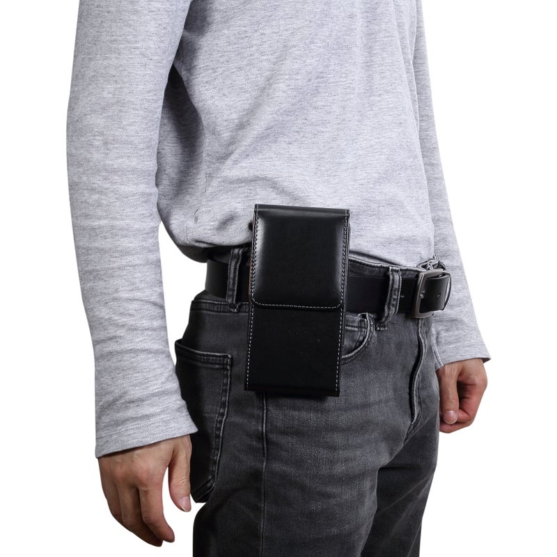 HuHa Case Cover Men Glossy Texture Portable Mobile Phone Back Buckle Vertical Sleeve Waist Pack Leather Case for 6.3 Inch or Below Smartphones(Black) - Image 1