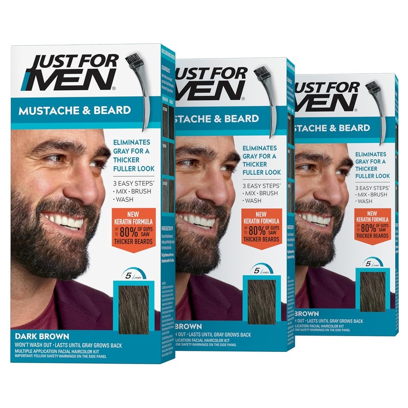 Just For Men Just For Men Mustache & Beard, Beard Dye for Men with Brush Included for Easy Application, With Biotin Aloe and Coconut Oil for Healthy Facial Hair - Dark Brown, M-45, Pack of 3