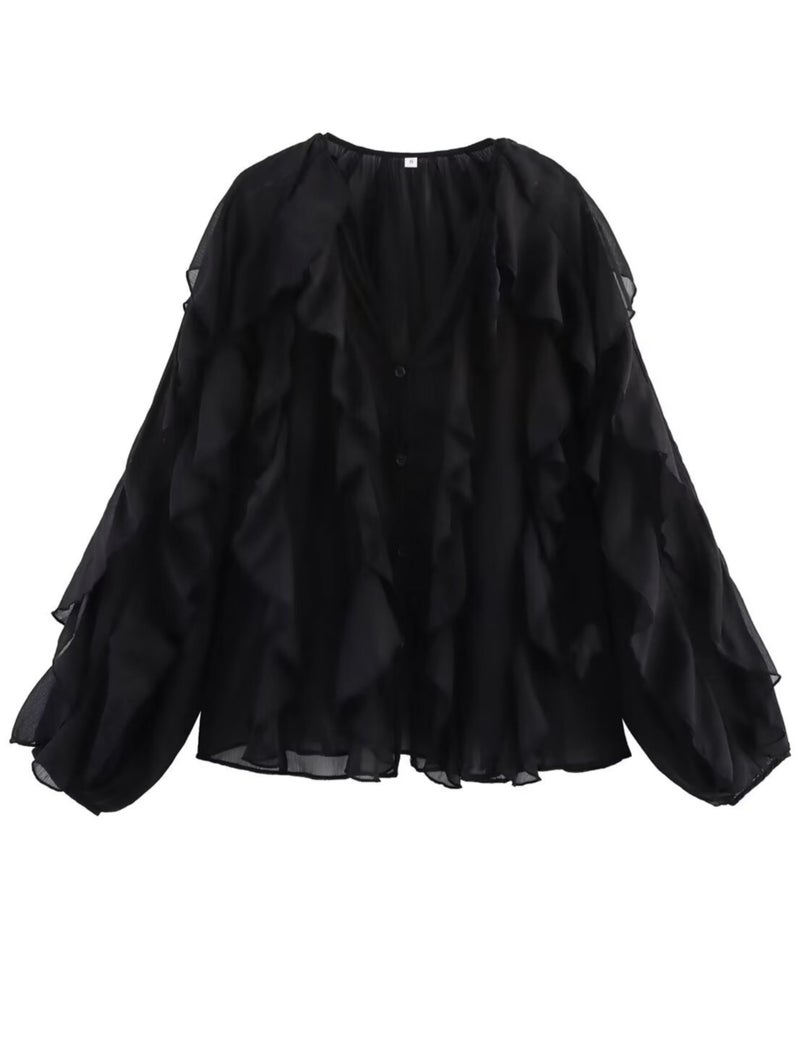 HangNiFang Ruffled Multi-Layered Summer Blouse for Women Trendy Semi See Through V-Neck Long Sleeve Button Chiffon Shirt Tops(1269-Black-M) - Image 1