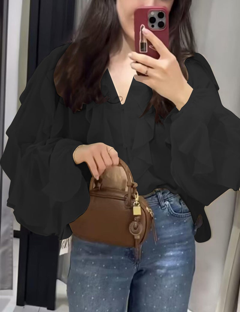 HangNiFang Ruffled Multi-Layered Summer Blouse for Women Trendy Semi See Through V-Neck Long Sleeve Button Chiffon Shirt Tops(1269-Black-M) - Image 2