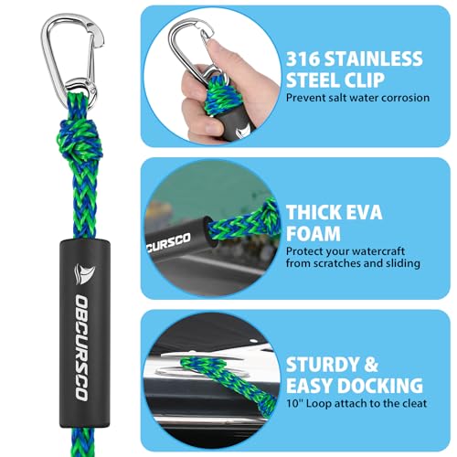 Obcursco Bungee Dock Lines for Boat, Docking Rope with 316 Stainless Steel Clips, Accessories for Jet Ski, PWC, SeaDoo, Yamaha WaveRunner, Marine, Kayak, Pontoon, Sets of Two(4ft & 6ft) (Green/Blue) - Image 3