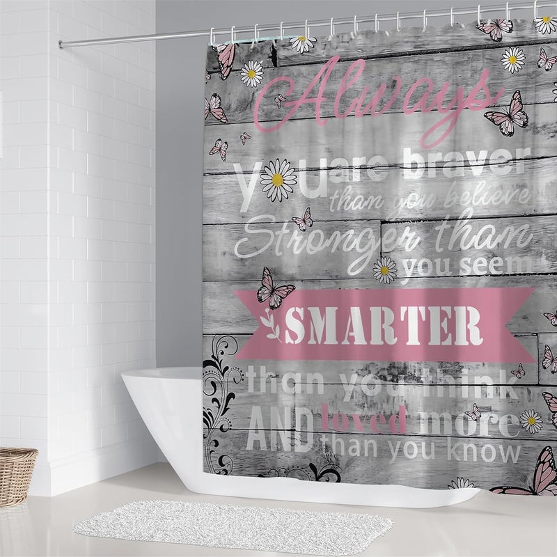 AZHM 4pcs Inspirational Quotes Shower Curtain Sets with Rugs Floral Bathroom Decor Set with Shower Curtain and Rugs and Accessories Flower Bathroom Curtain with 12 Hooks - Image 3