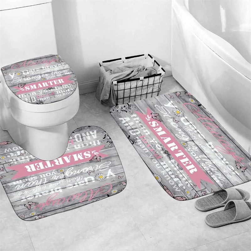 AZHM 4pcs Inspirational Quotes Shower Curtain Sets with Rugs Floral Bathroom Decor Set with Shower Curtain and Rugs and Accessories Flower Bathroom Curtain with 12 Hooks - Image 5