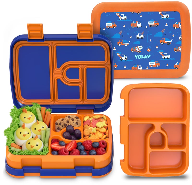YOLAY Bento Box for Kids Lunch Box Leak-Proof, 5-Compartment Lunch Box Kids for Ages 3-10, Durable with Anti-Slip Base, Suitable for Schools, Outdoor and Travel (Mermaid) (Trucks) - Image 1