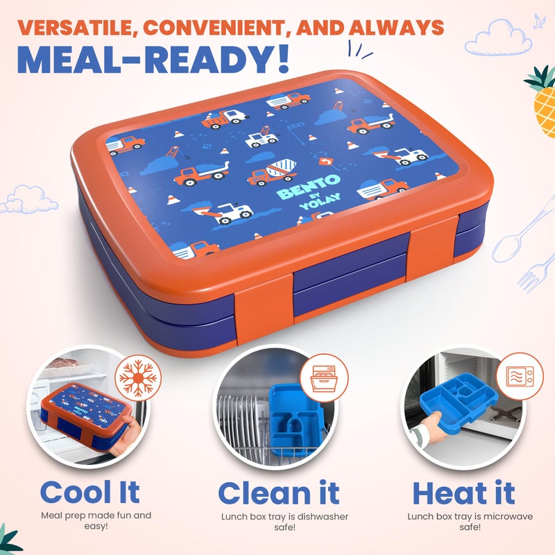 YOLAY Bento Box for Kids Lunch Box Leak-Proof, 5-Compartment Lunch Box Kids for Ages 3-10, Durable with Anti-Slip Base, Suitable for Schools, Outdoor and Travel (Mermaid) (Trucks) - Image 3